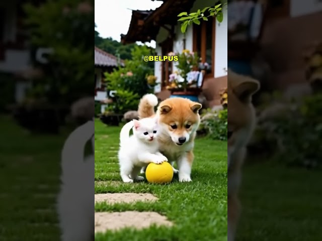 LITTLE CATS PLAYING WITH AKITA DOGS #cutelittlecats #cutedogs #animation #ai #feedshorts