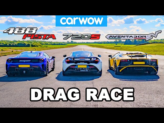 Ferrari 488 Pista vs McLaren 720S  vs Lamborghini Aventador SV: DRAG RACE!