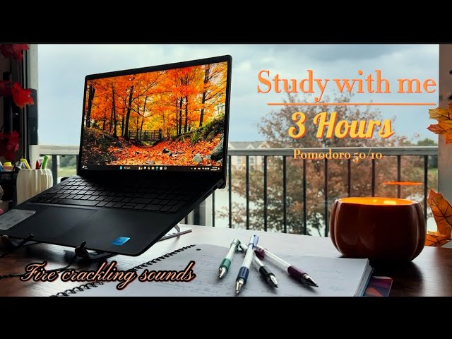 3-Hour Study With Me | Pomodoro 50/10 | No Music | Fire crackling Sounds | Cozy Fall Vibes 🍁🍂