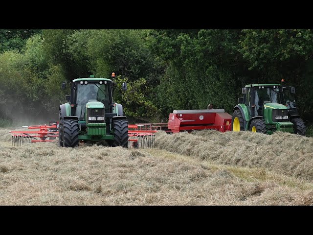 Rowing Up, Baling & Collecting Small Bale Hay with John Deeres & Manitou - Hay Making 2024