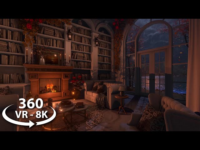 360 VR - Stormy Library Night | Relaxing Ambience Experience | Fireplace, Rain & Thunder Sounds 8k