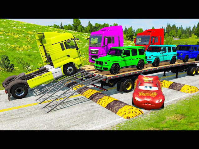 TRANSPORTING PIXAR CARS & FRUITS WITH COLORED & JOHN DEERE vs CLAAS vs TRACTORS - BeamNG.drive #983