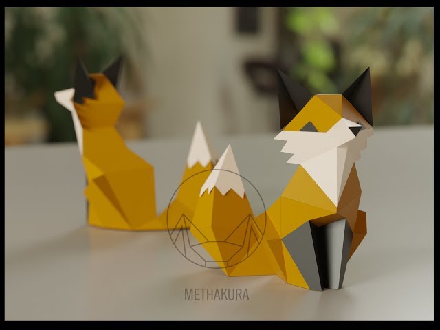 Methakura papercraft template - sitting fox lowpoly model timelapse