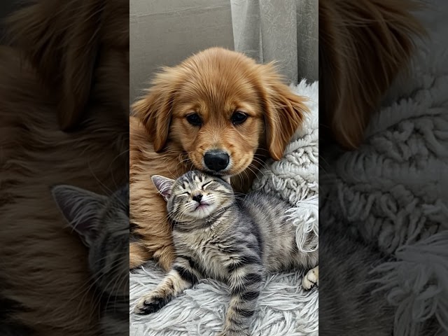 Cute puppy cuddling and sleeping with cat #puppy #cat #shorts #shortvideo #short