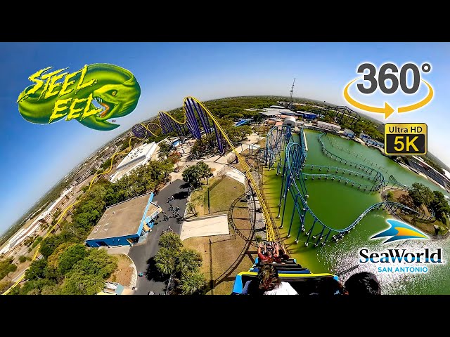 VR 360 5K Steel Eel Roller Coaster On Ride Back Seat POV SeaWorld San Antonio 2022 04 08