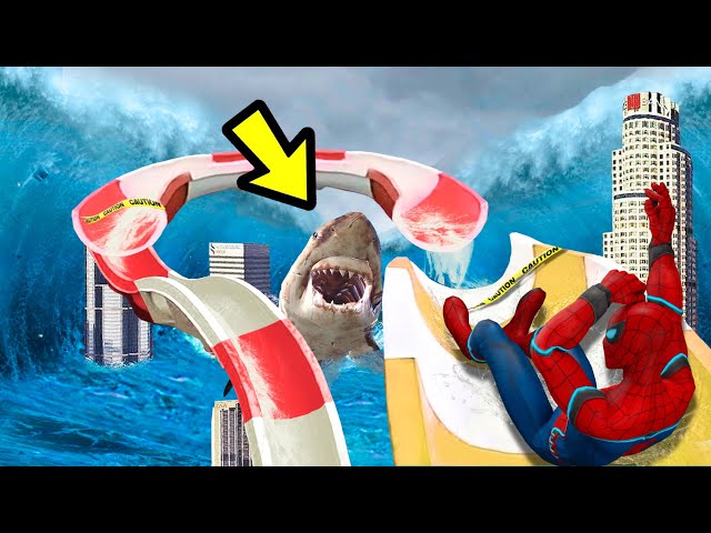 GTA 5 Big Tsunami VS Spiderman | Water Slides | FLOODS Los Santos! Euphoria Ragdolls