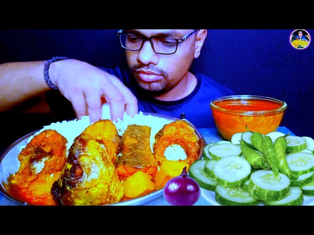 ASMR 🔥 SPICY BIG FISH CURRY, FISH CURRY WITH RICE EATING,  GREVY, ONION,SALAD #asmr #mukbang #psk