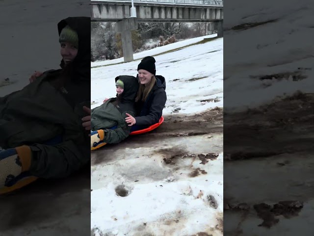 Sledding on styrofoam in Texas??? #cleanup #snowday #sledding