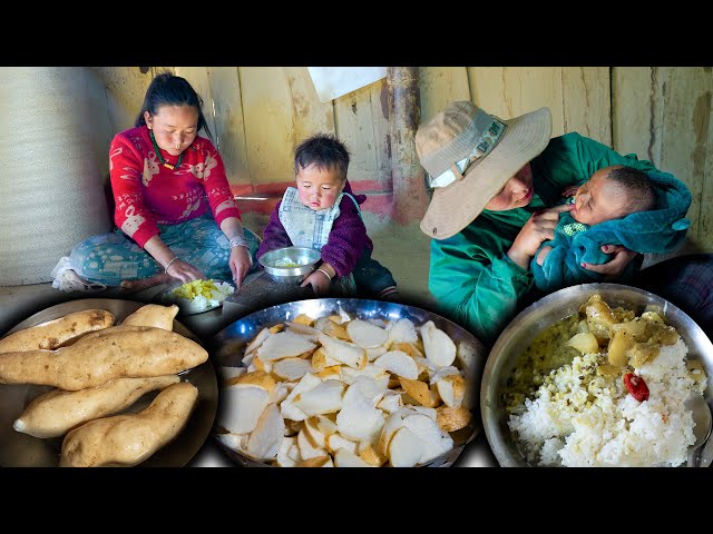 Squash Roots recipe with rice Cooking & Eating in village kitchen || New Nepali Village vlog