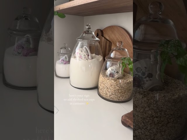 Pretty kitchen display: tea cups in glass jars ☕🤍✨ #thriftedhome #flourjar #cottagecore