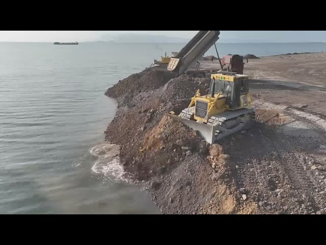 Great Project Beach Reclamation  Large Capacity Filling Up Strong Bulldozer push Stone Into Sea