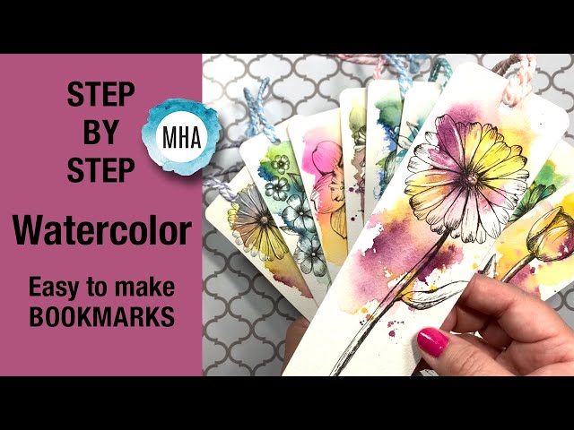 (PART 1) Easy WATERCOLOR bookmarks -STEP BY STEP tutorial with loose background and drawn ink FLOWER