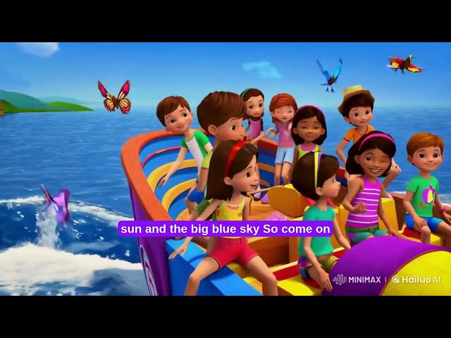 A sunny, fun filled cartoon scene where the children are sailing through calm seas,