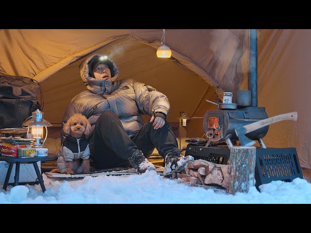 Hot Tent Snow Camping with My Dog . Korean Buldak Pasta . Wood Stove ASMR