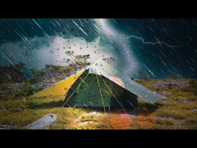 Heavy Rain Storm Solo Camping - Tarp & Tent Shelter. Thunderstorm, Lightning & Winds in the North