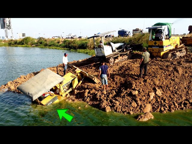 Incredible Landfill! Bulldozer komatsu D31 Back Uploading overturned into Pond water Deep Rescue Bu…