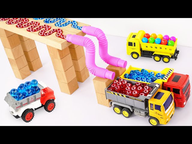 Marble Run ASMR Race ☆ HABA Slope & Dump Truck Excavator Ambulance Forklift Garbage Truck Tractors17