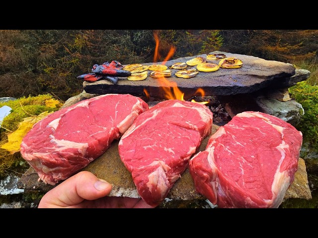 Cooking STEAK on HOT STONES over Fire | ASMR Outdoor Campfire Cooking