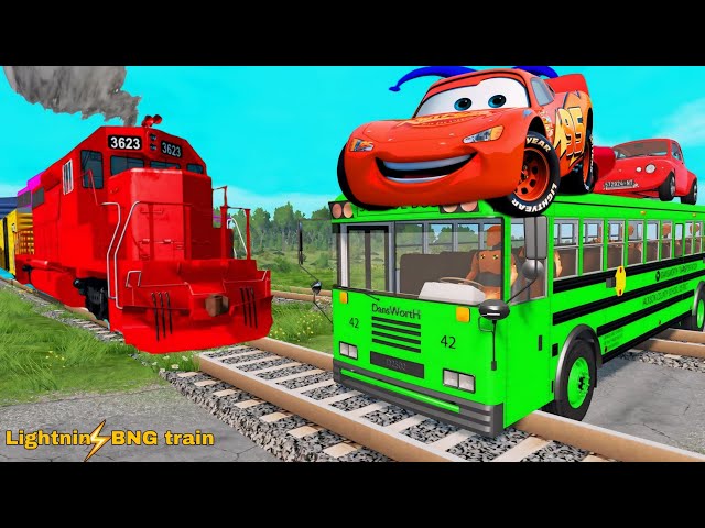 5 Monster Truck vs Big & Small: Funny Cars Slide Color with Triple Rails and Trains BeamNG Drive 01