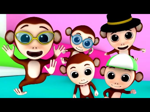 Five Little Monkeys Jumping On The Bed, Animals Song and Nursery Rhymes for Kids