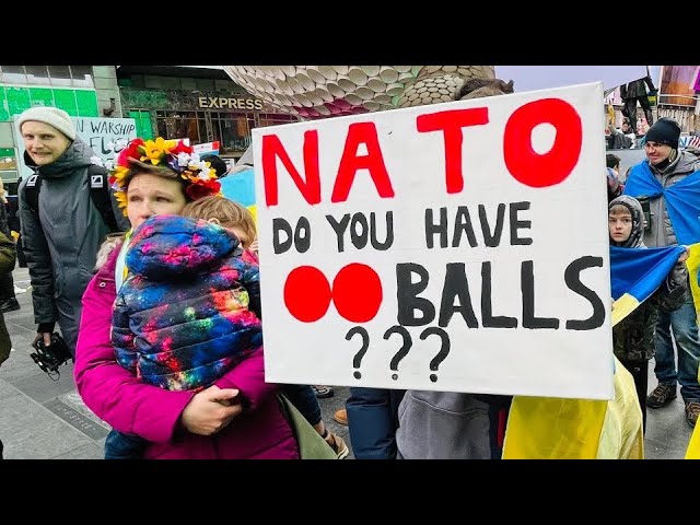 Anti-NATO and pro-NATO protesters argue in Times Square NYC 3/5/22