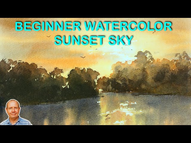 Easy beginner watercolor sunset sky over water lesson.Painting with a limited palette 5 watercolours