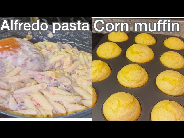 Chicken sausage Alfredo pasta￼/corn muffins for my kiddos