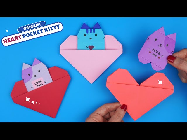 Origami Cat and Heart Message Card | DIY Heart Pocket Kitty 🐱💖 | EASY Valentine’s Day Paper Craft