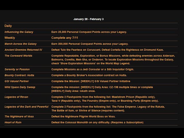 syfy88man Game Channel - SWTOR Galactic Seasons Objectives: Jan 28