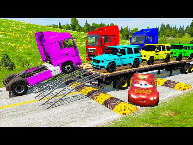 TRANSPORTING PIXAR CARS & FRUITS WITH COLORED & JOHN DEERE vs CLAAS vs TRACTORS - BeamNG.drive #983