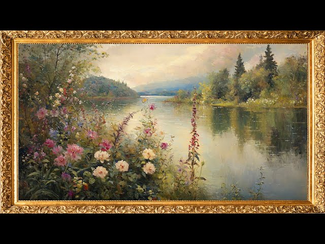 Vintage TV Art: Lovely Lake View with Flowers | Gold Framed TV Art | 4K Art Screensaver | 2 Hours