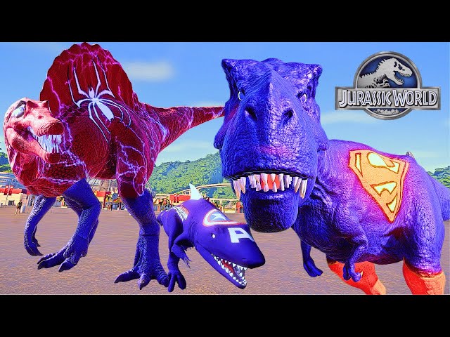 Dinosaur wars begin | Superman Trex Vs Spiderman Spinosaurus & Captain America Shark | Modded Dinos.