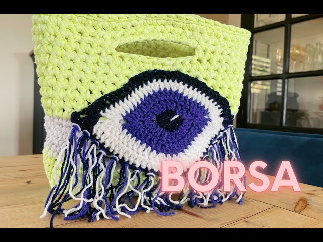 Borsa in fettuccia con occhio a frange in uncinetto 🌸 crochet bag with eye