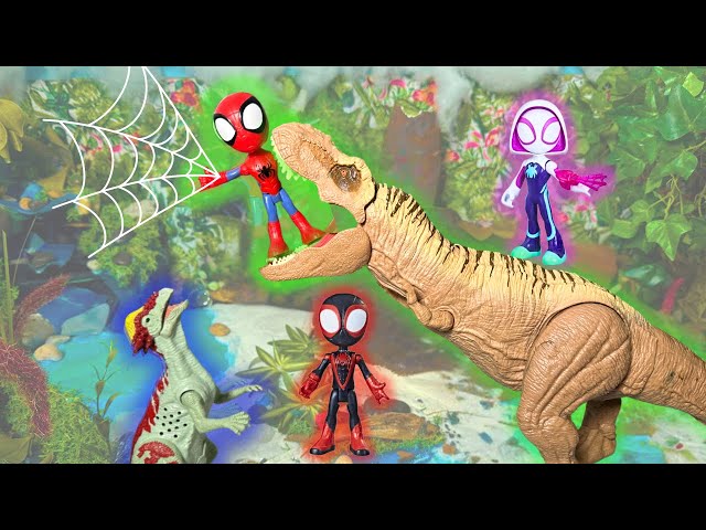 Spider Man, Ghost Girl, and Spin CRASH into a DINOSAUR WORLD to SAVE SUPERWOMAN! | pretend play