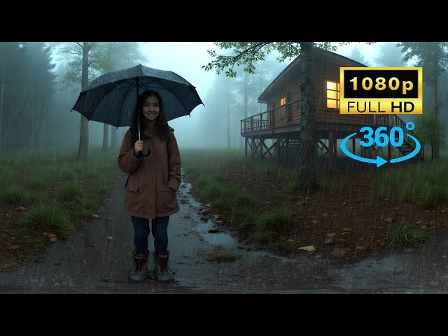 360° Virtual Reality Rain Sounds: Girl With Umbrella in Rainstorm for Sleeping and Studying