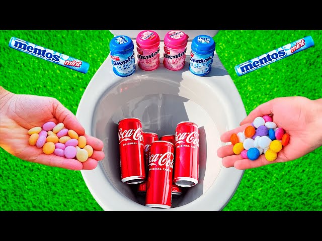 M&M Candy VS Popular Sodas !! Fanta, Coca Cola, Schweppes, Pepsi, Sprite and Mentos in the toilet