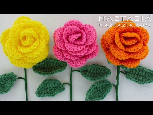 HOW to CROCHET a BEGINNER EASY FLOWER - DIY Rose Rosas Bouquet Flowers Leaf Leaves Stem Tutorial