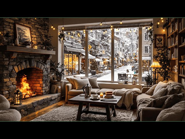 Cozy Winter Cafe Ambience ☕❄️🧣Jazz Relaxing Music & Crackling Fireplace for Reading, Studying, Work