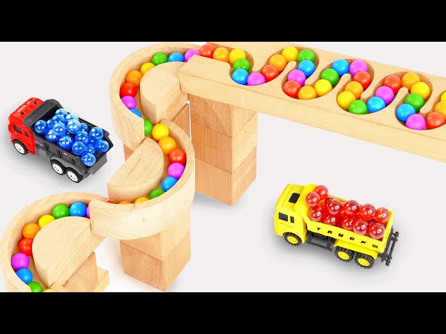 Marble Run ASMR Race ☆ HABA Slope & Dump Truck Excavator Ambulance Forklift Garbage Truck Tractors15