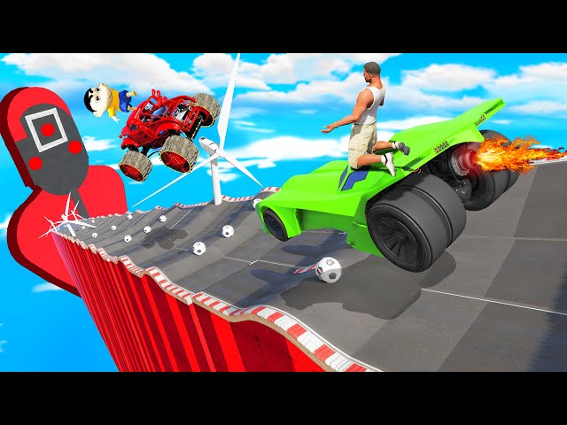 SHINCHAN AND FRANKLIN TRIED THE SQUID GAME SECURITY GUARD BUMPY ROAD RAMP CHALLENGE GTA 5