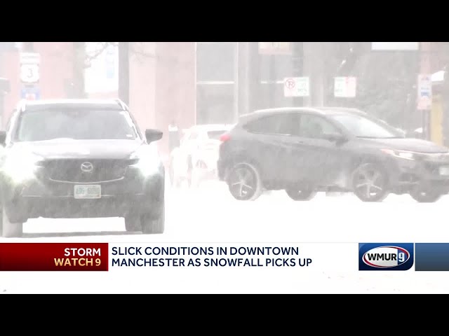 Slick conditions in Manchester as snowfall picks up