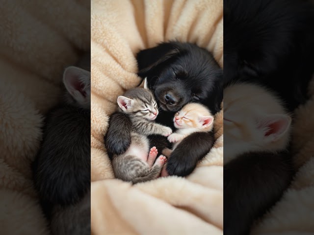 Sweet Dreams: A Puppy Cuddling Two Kittens in Pure Love 🐶🐱💤