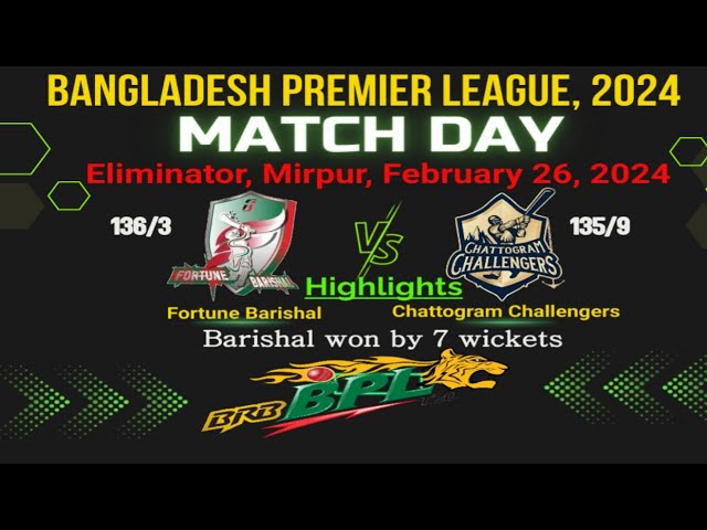 BPL 2024 | HIGHLIGHTS - ELIMINATOR | CHATTOGRAM CHALLENGERS V FORTUNE BARISHAL | CCG v BRSAL |  T20