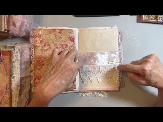 Craft With Me Junk Journal Tutorial process video series - #2 lace pockets and page side edges