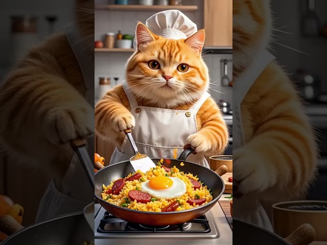 Make a sausage fried egg rice to eat #cat #cat #shorts