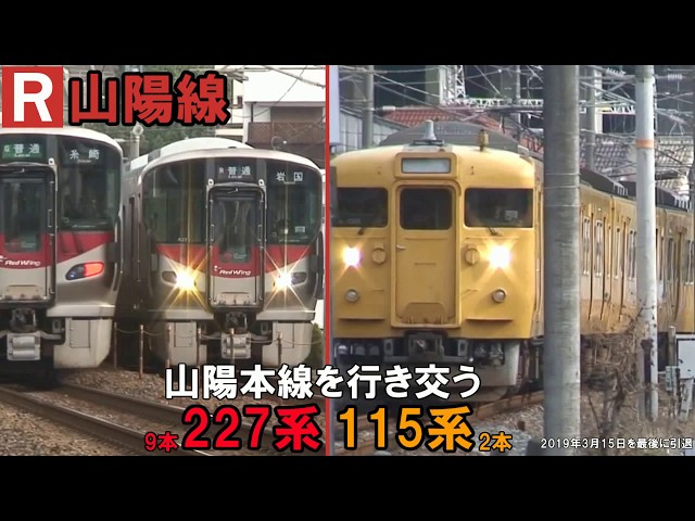 Series 115 and Series 227 trains operating the Sanyo Line