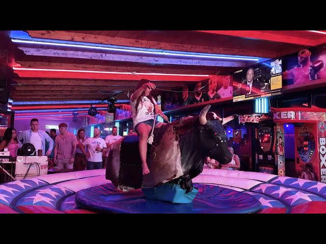 OMG 😱 Pretty Girl's EPIC Fail on Benidorm Mechanical Bull | Spain 4K September 2024