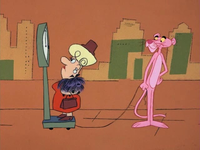 Talking scale insults woman (Pink Panther)