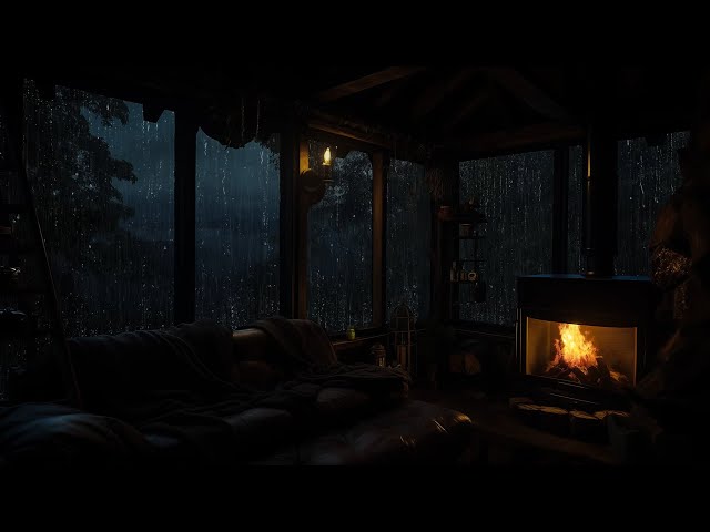 Wooden Cabin in the Forest with Relaxing Rain and Fireplace for Calm and Restful