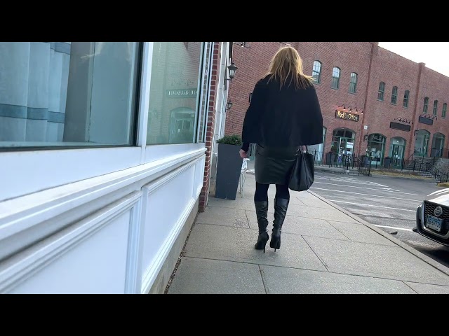 030822 Crossdresser Walks With 5 3/4" Stiletto Boots and Tight Skirt Through the Town